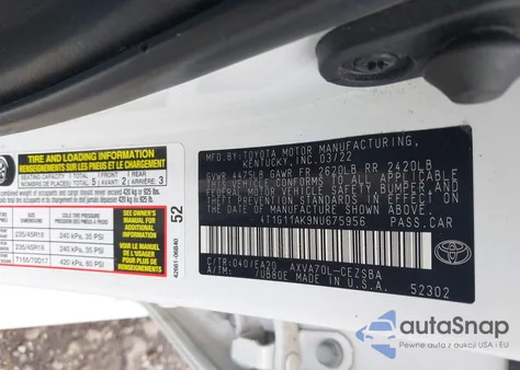 2022 Toyota Camry Se из США, поврежденный, VIN 4T1G11AK9NU675956